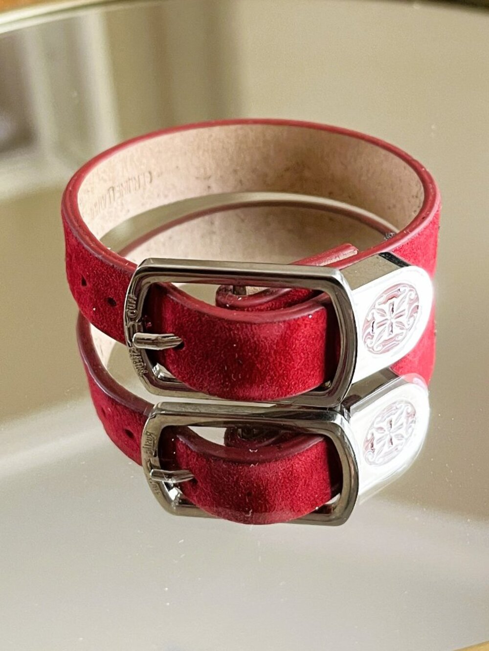 Rustic Cuff Meagan Red Sueded Buckle Leather Logo Bracelet